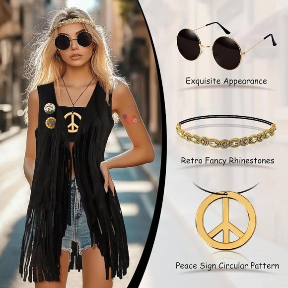 Women Hippie Costume Set 70s Boho Fringe Vest Accessories Halloween Costume main image 4